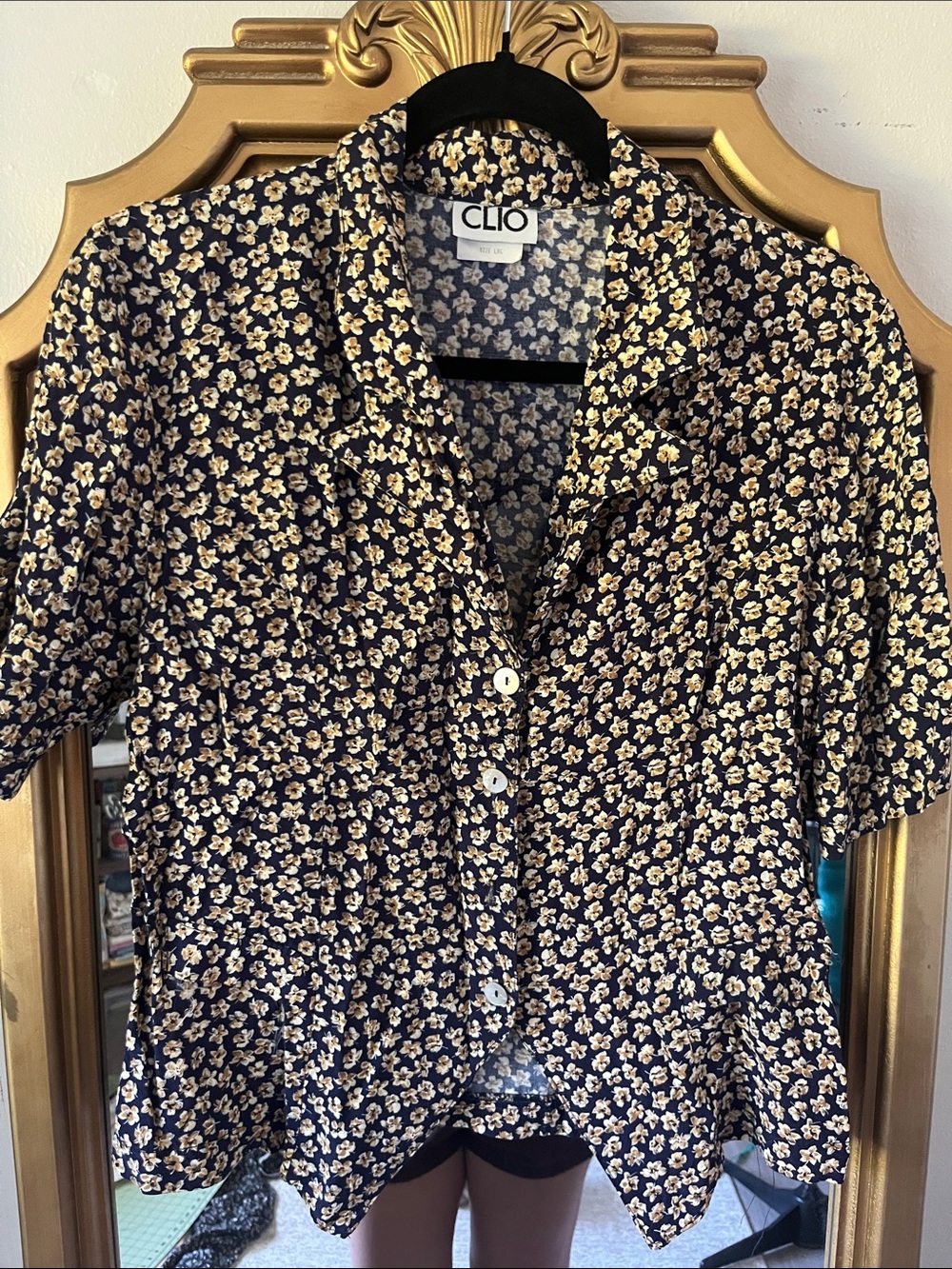 Clio Navy Floral Button-Front Top with Cream Accents